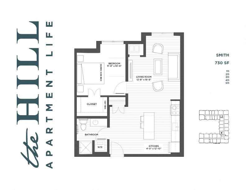 Floor plan for 1 bed, 1 bath, 730 sqft